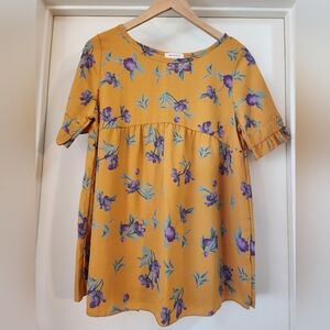 Hailey & Co Women's Mustard Yellow Purple Floral Short Sleeve Shirt Size Large‎
